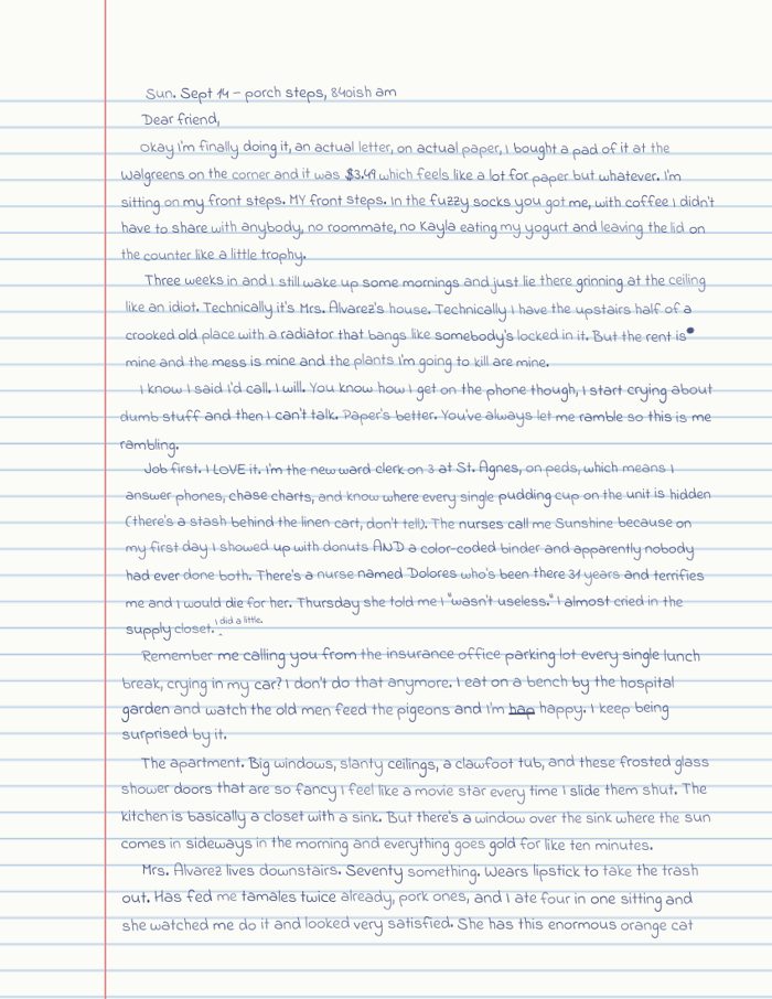 Sarah's handwritten letter on lined notebook paper